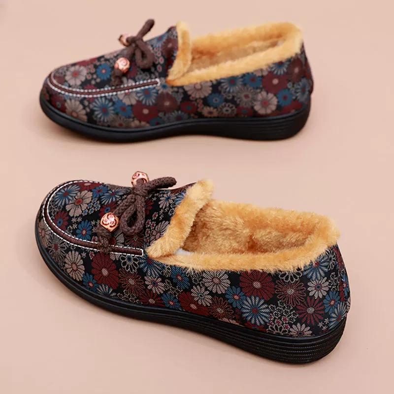 Зимняя Новая тканевая обувь Old Beijing, Женская хлопковая обувь, обувь на плоской подошве для мам среднего и пожилого возраста, теплые Нескользящие хлопковые сапоги для бабушек на флисовой подкладке