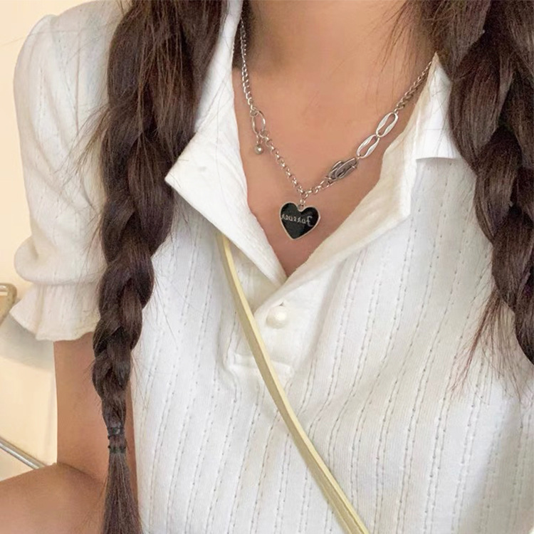 Titanium Steel Black Love Letter Pendant Fadeless Necklace Women's New ins Hip-hop Clavicle Chain Fashionable Sweater Necklace