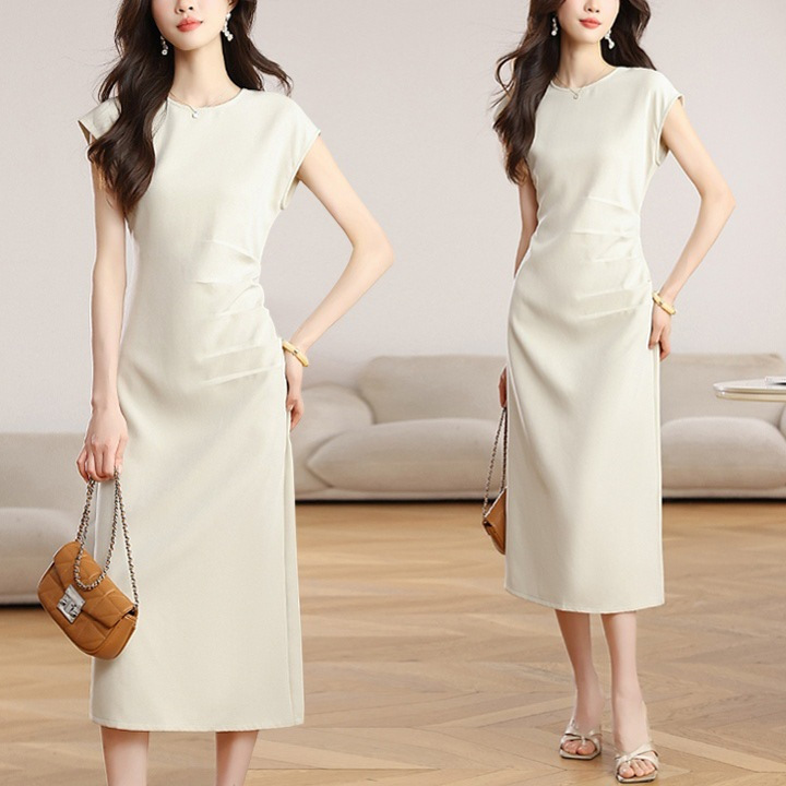 Openrolebsmm Wide-Shouldered Round-Neck Sleeveless Dress for Women, High-End Pleated High-Waisted Mid-Length Skirt for Summer