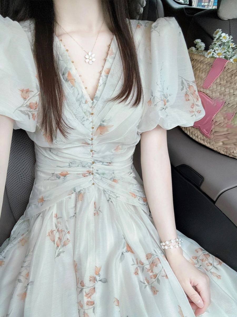 Váy liền hoa cổ chữ V tay bồng dáng dài mùa hè — Màu xanh lục nhạt chi tiết 6