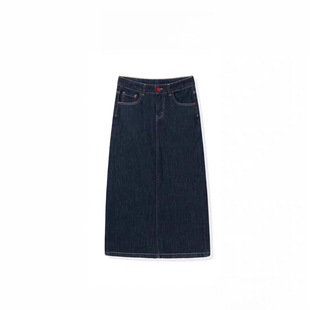 Qadın denim yubka, A-xətli, arxa yarıqlı, yay üçün