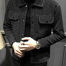 秋冬季加绒加厚男士翻领外套新款痞帅高级感宽松大码条纹机车夹克