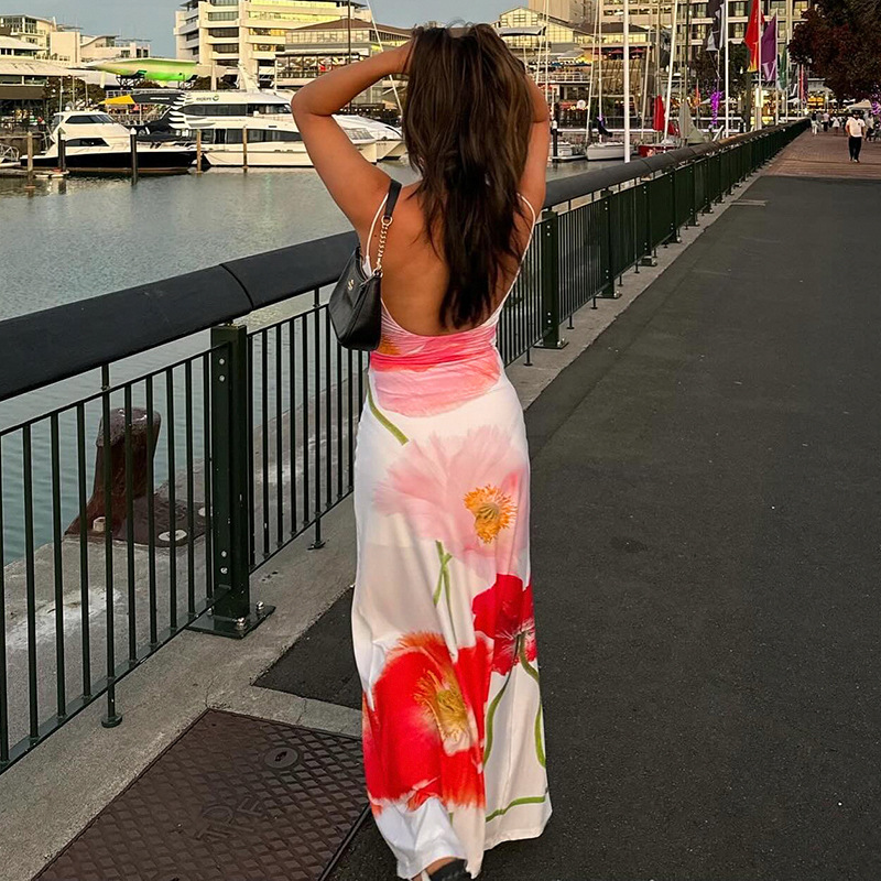Women's Strap Dress Vacation U Neck Backless Sleeveless Flower Maxi Long Dress Holiday Beach display picture 6