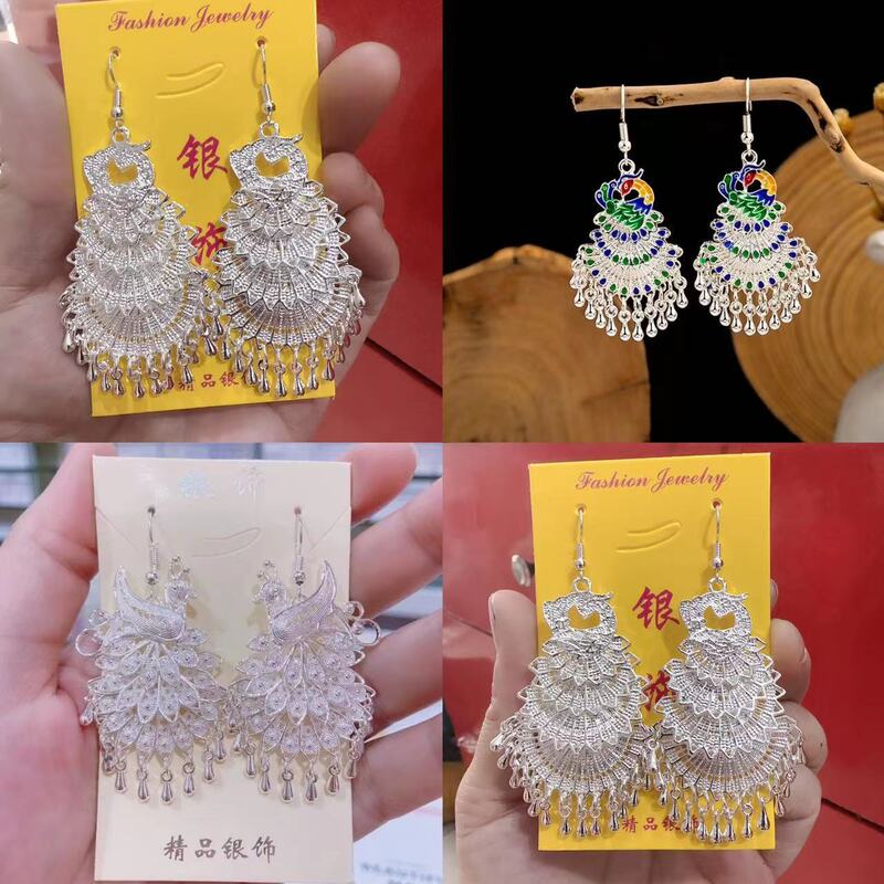 Peacock Four-layer Earrings Phoenix Imitation Miao Silver Earrings Minority Style Peacock Bell Tassel Earrings Earrings