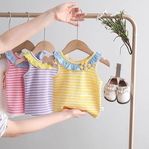 Children's Summer Striped V-Neck Blouse for Girls, Baby Cotton T-shirt with Button Collar, Sleeveless Top, Thin Style
