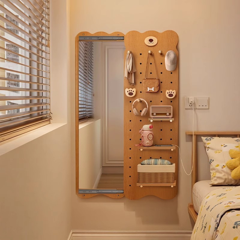 Holeboard de madera sólida espejo de vestir puerta integrada trasera estante de modelado espejo de cuerpo entero en la pared del porche colgando percha de ropa