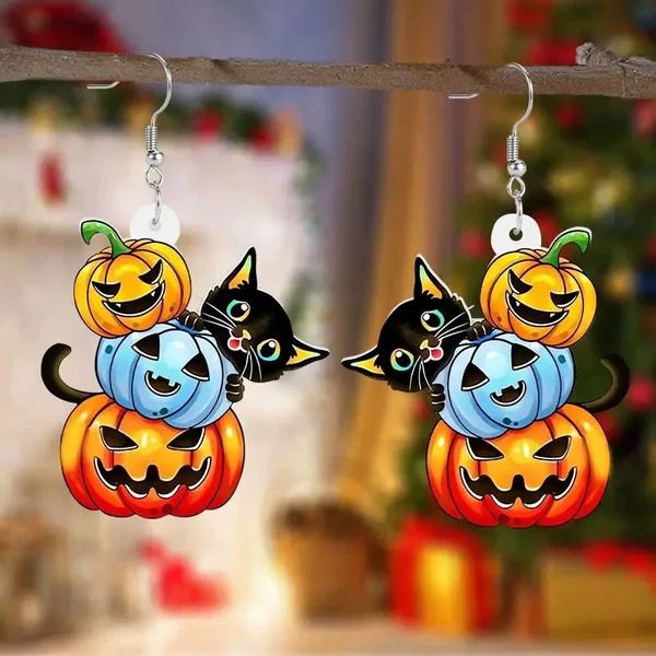 New Halloween Black Cat Three-Pumpkin Earrings for Women and Girls, Holiday Gift Jewelry, Large Pendant Wholesale Earrings