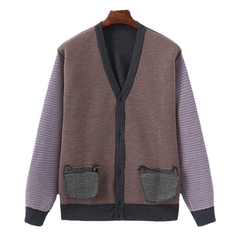 Middle-Aged and Elderly Men's Cardigan Sweater Jacket, Spring and Autumn V-Neck Knitwear, Jacquard Dad Cardigan, One-Piece Wholesale