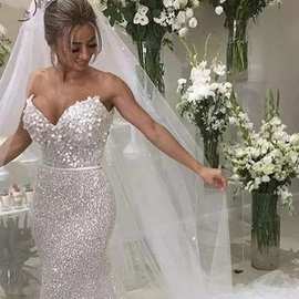 亚马逊抹胸主婚纱2025新款大码新娘气质显瘦婚纱鱼尾结婚礼服批发