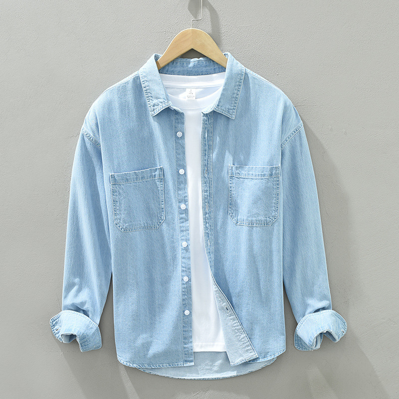 Pure cotton men's Denim shirt coat long sleeve fashion men's tooling shirt loose Japanese casual shirt factory wholesale Pure cotton men's Denim shirt coat long sleeve fashion men's tooling shirt loose Japanese casual shirt factory wholesale