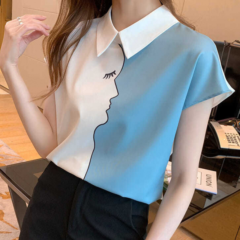 [3147 Buyback] 명암 컬러 스티칭 인쇄 쉬폰 셔츠 여성의 여름 반팔 기질 연령 감소 톱 얇은 100