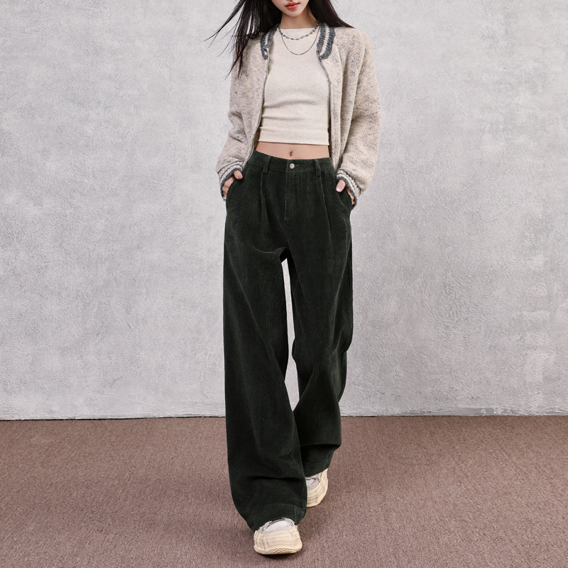 美拉德棕色灯芯绒阔腿裤女2025秋季复古高腰直筒牛油果绿休闲裤子|undefined