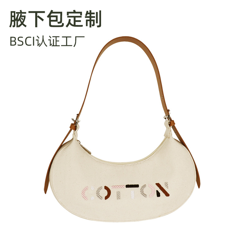 Custom Letter Embroidered Crescent Bag Niche Baguette Underarm Bag For Women Canvas And Leather Shoulder Bag Luxury Dumpling Bag