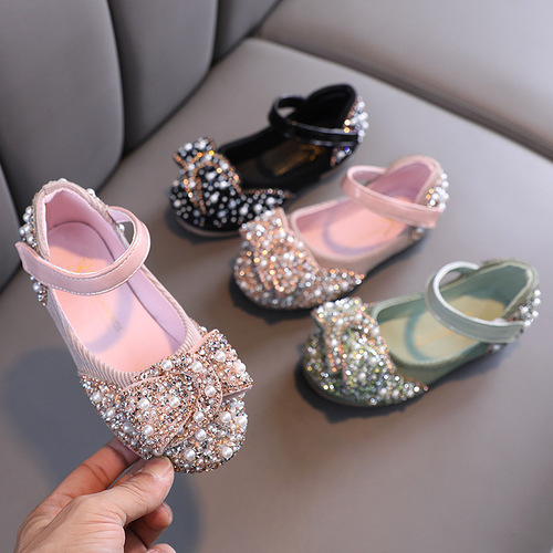 2024 Girls' Single Shoes Spring and Autumn New Leisure Diamond Butterfly Knot Medium and Small Children Dance Shoes Performance Shoes Princess Shoes