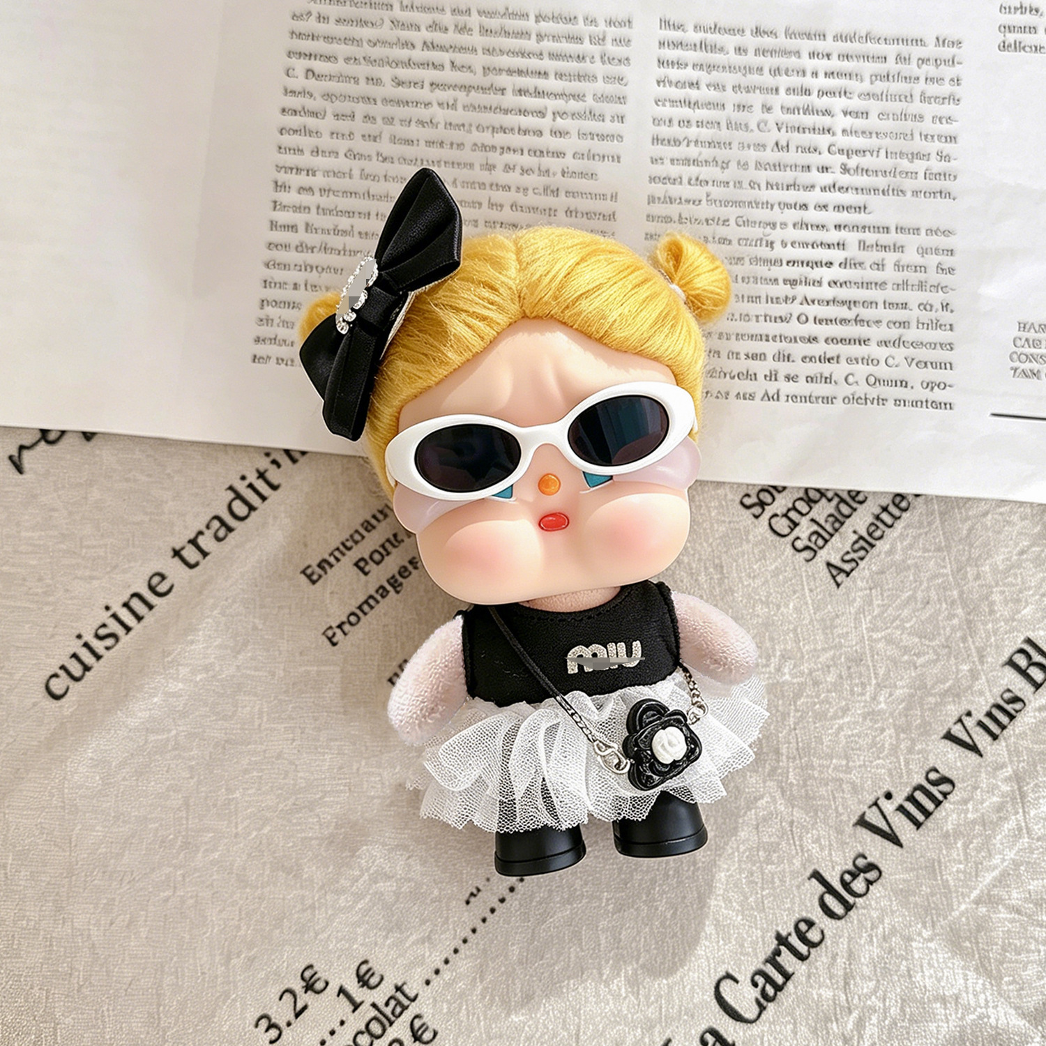 6-piece white skirt set (hair accessories + white frame sunglasses + black vest …