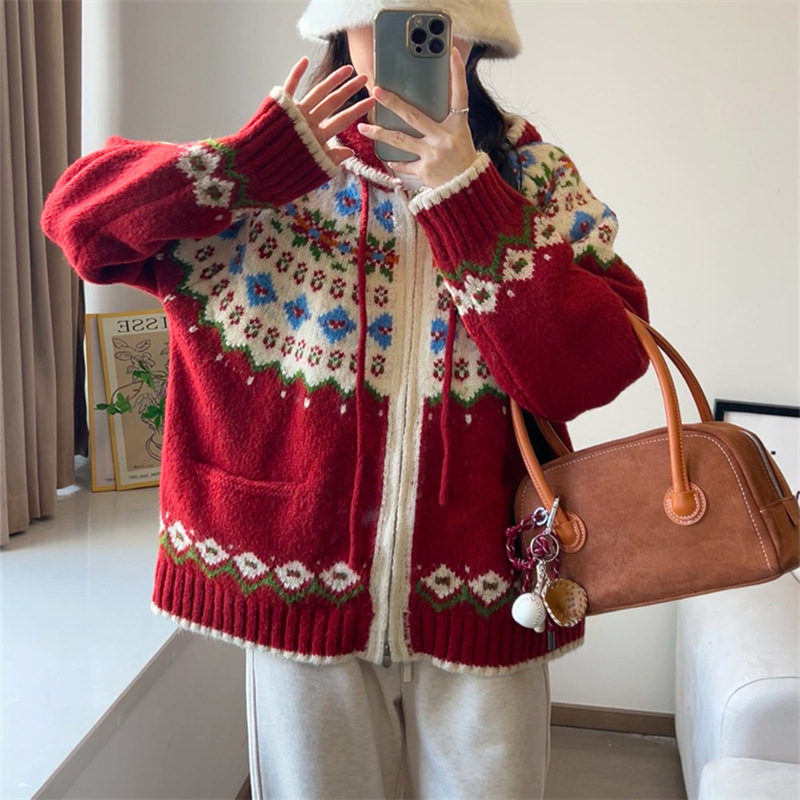 重工费尔岛新年红色提花连帽开衫毛衣女秋冬圣诞宽松慵懒针织外套