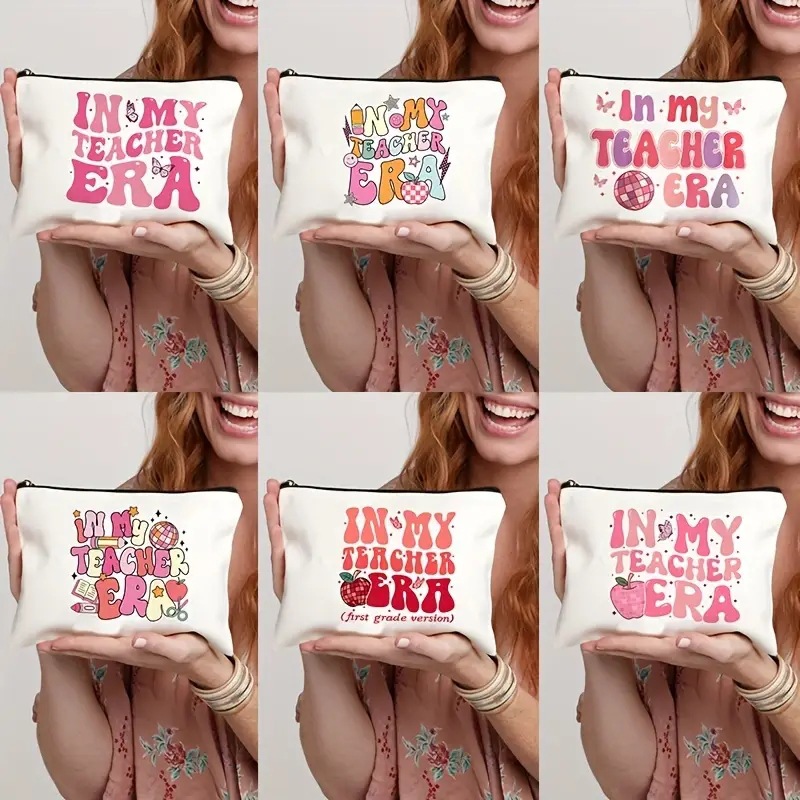 Bolsa de cosméticos Temu rosa con letras de lino, estampada por ambos lados, bolsa de almacenamiento multifuncional con cremallera para mujer, moderna y práctica.