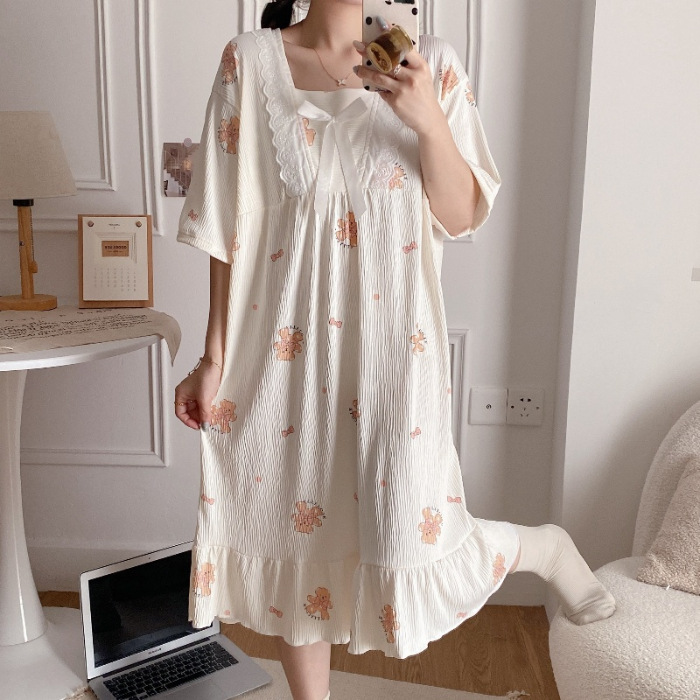 2024 verano cuello cuadrado tela de algodón arrugada delgada mangas cortas dulces pijamas largas niñas ropa de hogar comercio exterior al por mayor