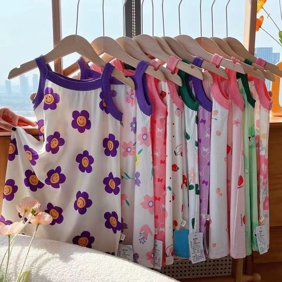Summer Princess Skirt Children's Ice Silk Thin Pajamas Girl's Baby's Nightgown Ice Silk Girl's Sling Skirt Home Clothes