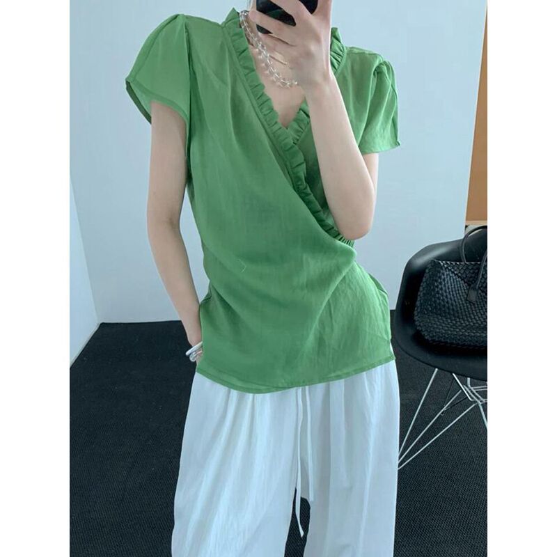 2026 Summer Fashion Versatile New Style Elegant Lace Collar Cross-Over French-Style Shirt Top for Women Trendy 2026 Summer Fashion Versatile New Style Elegant Lace Collar Cross-Over French-Style Shirt Top for Women Trendy