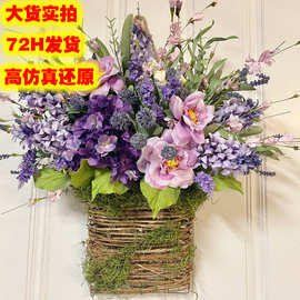 纵鸿春夏季节粉色浆果和野花门挂篮花环家居装饰野花门吊篮藤篮