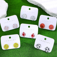 跨境复古亚克力心形耳钉女双爱心橄榄球篮球棒球运动球类耳坠耳饰