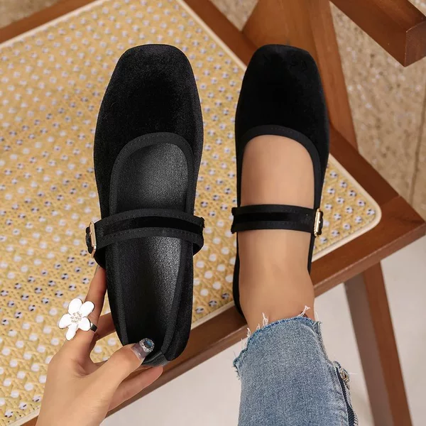 2026 New Model Black Velvet Mary Jane Flat Shoes, Square Toe Buckle Retro Women's Shoes, Exclusively for Cross-Border E-Commerce