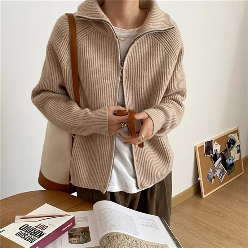 Coreano con solapa de doble cremallera de color sólido cardigan de punto de mujer otoño y invierno nuevo suéter suave pegajoso abrigo suelto image 9