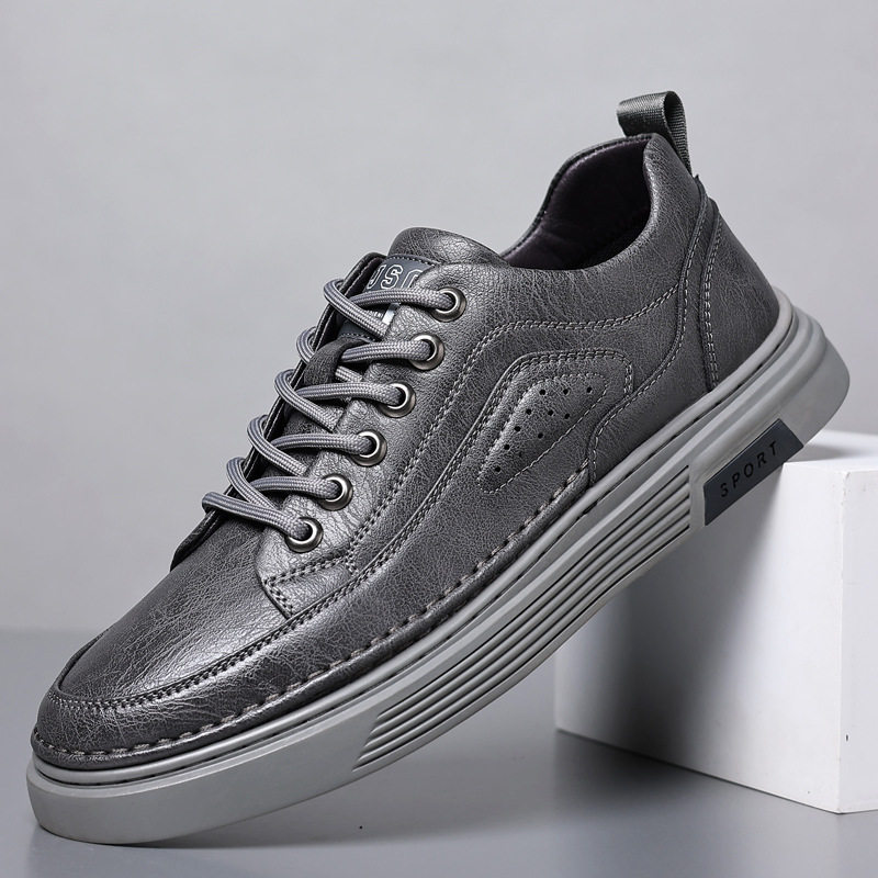 Giày da nam công sở cổ thấp đế mềm, giày sneaker da bò phối dây buộc, gót thấp 1–3 cm — GX2033 màu trắng, GX2033 màu xám