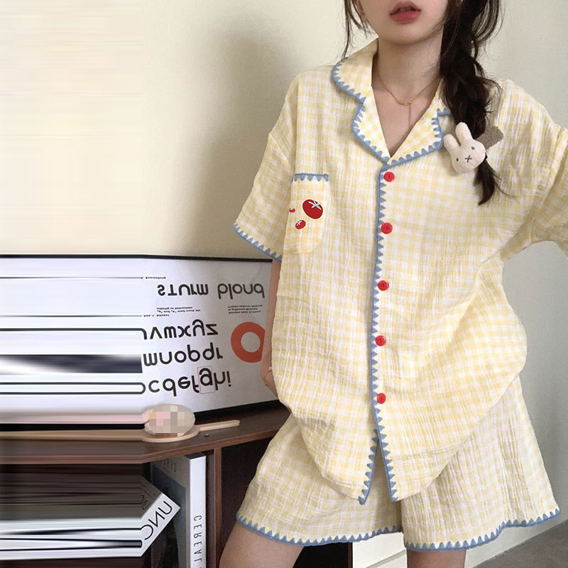 可爱撞色格子番茄睡衣女夏季新款甜美简约短袖短裤宽松家居服套装|undefined
