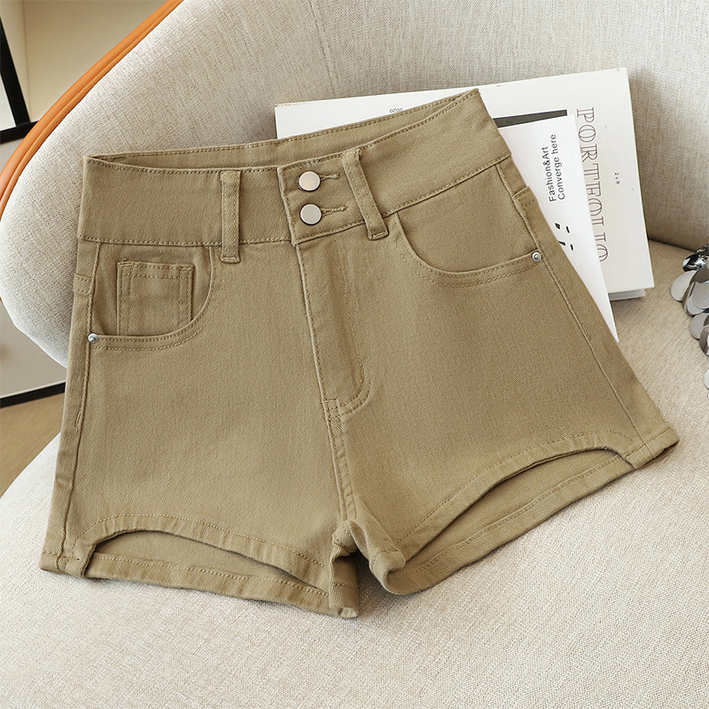 American-Style Spicy Girl Elastic High-Waisted Denim Shorts for Women with Double Button Design, Straight Fit, Slimming A-Line Wide-Leg Hot Pants Trendy American-Style Spicy Girl Elastic High-Waisted Denim Shorts for Women with Double Button Design, Straight Fit, Slimming A-Line Wide-Leg Hot Pants Trendy