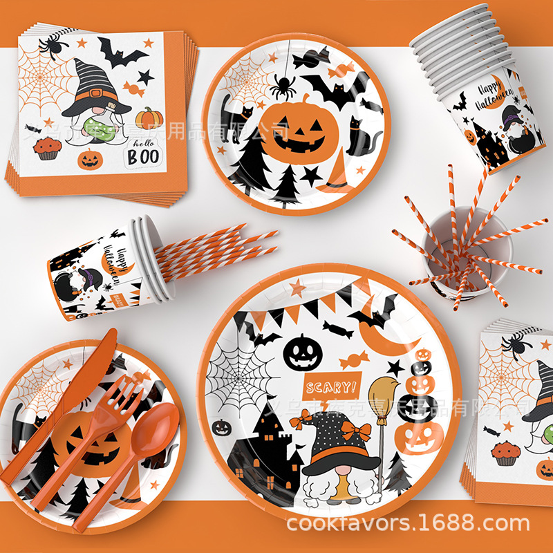 Halloween calabaza temática fiesta decoración fantasma taza bandeja de papel desechable bandeja de papel conjunto de cubiertos decorativos