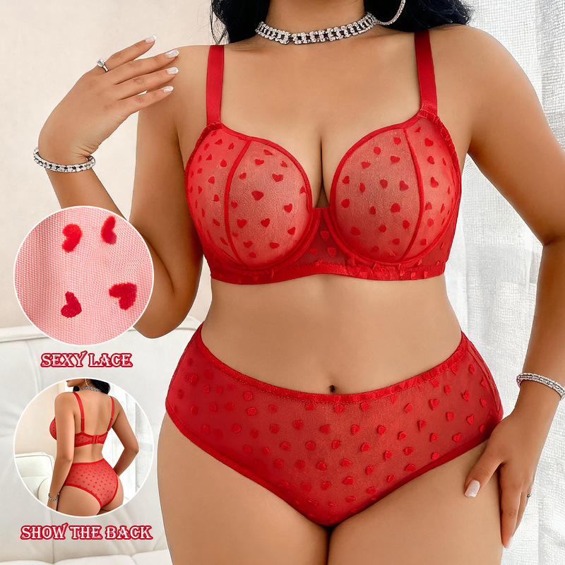Cross-Border European and American Sexy Lace Push-Up Thin Plus-Size Bra with Velvet Heart-Shaped Lace, Comfortable Ultra-Thin Bra Set