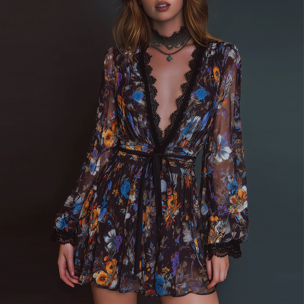 Independent Station European and American Cross-Border 2025 Autum New Women's V Neck Long-Sleeved Waist Organza Elegant Dress Short