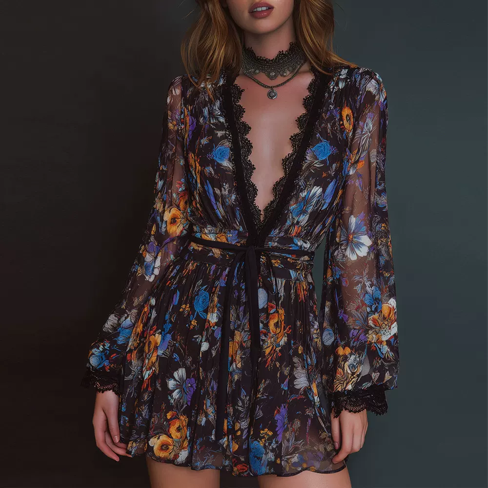 独立站欧美跨境2025秋季新款女装V领长袖束腰欧根纱气质连衣裙短