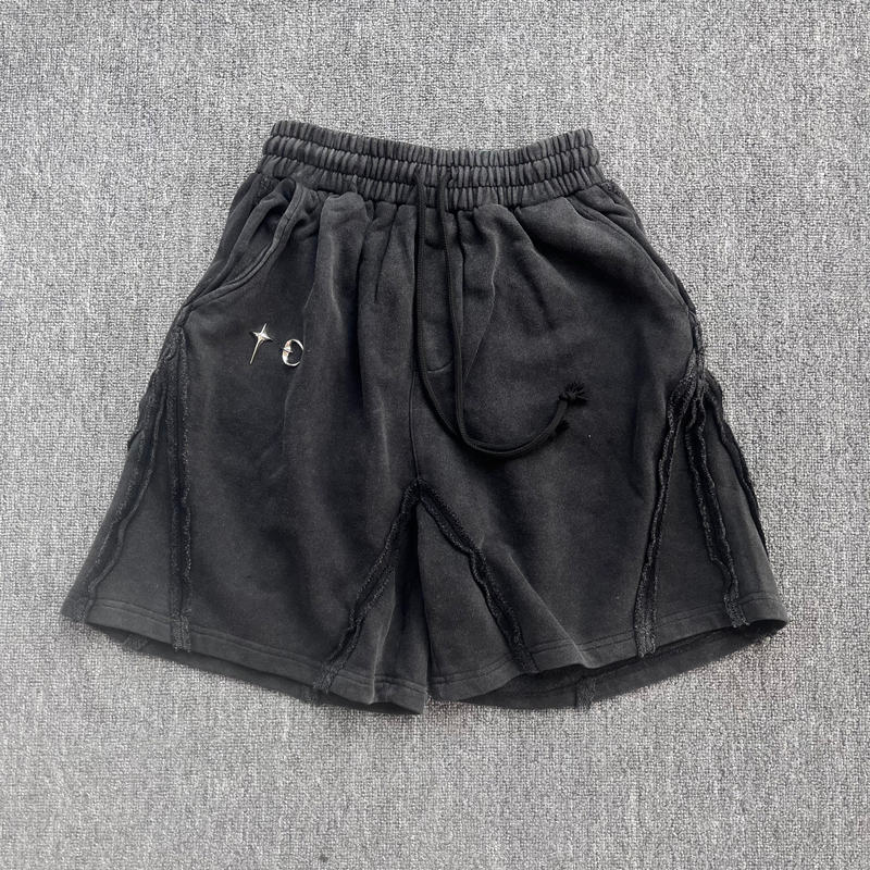 high quality THUG CLUB Star Moon Badge Washed Old Rag Stitching Straight Pocket Casual Shorts for Men and Women