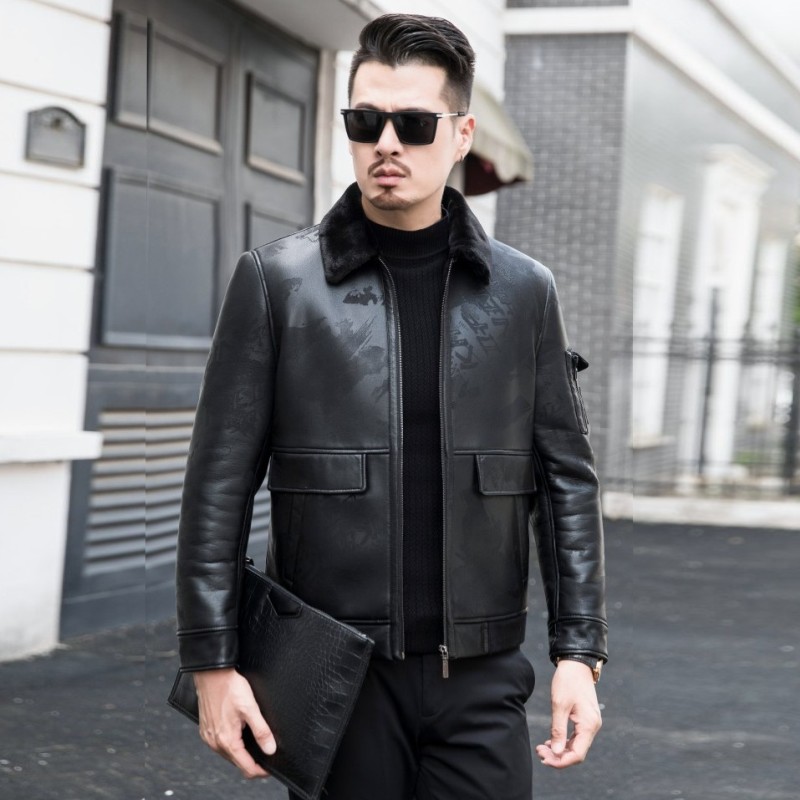 中老年男士皮毛一体皮衣男真皮外套加厚修身翻领冬季印花皮夹克|ms