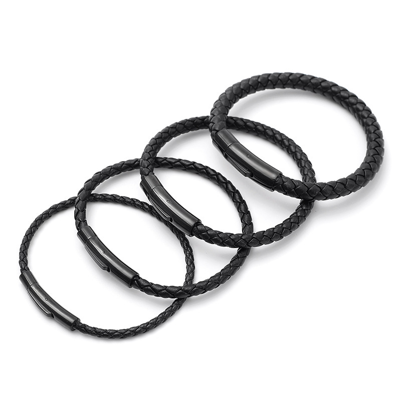 Stainless Steel Snap Buckle Leather Strap Bracelet Men Women's Black Braided Leather Bracelet Beaded Bracelet Simple Fashion