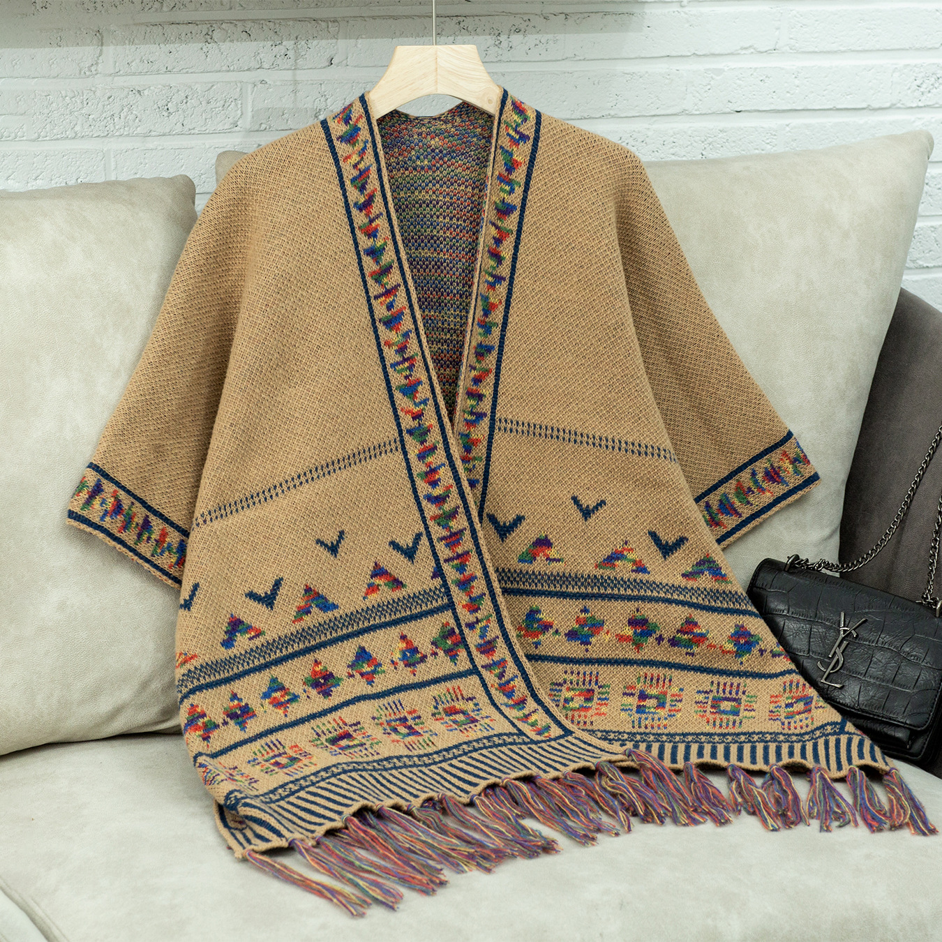 Grobstrick Damen Cape Mit Quasten Lässiger Jacquard Mantel_voghion.com