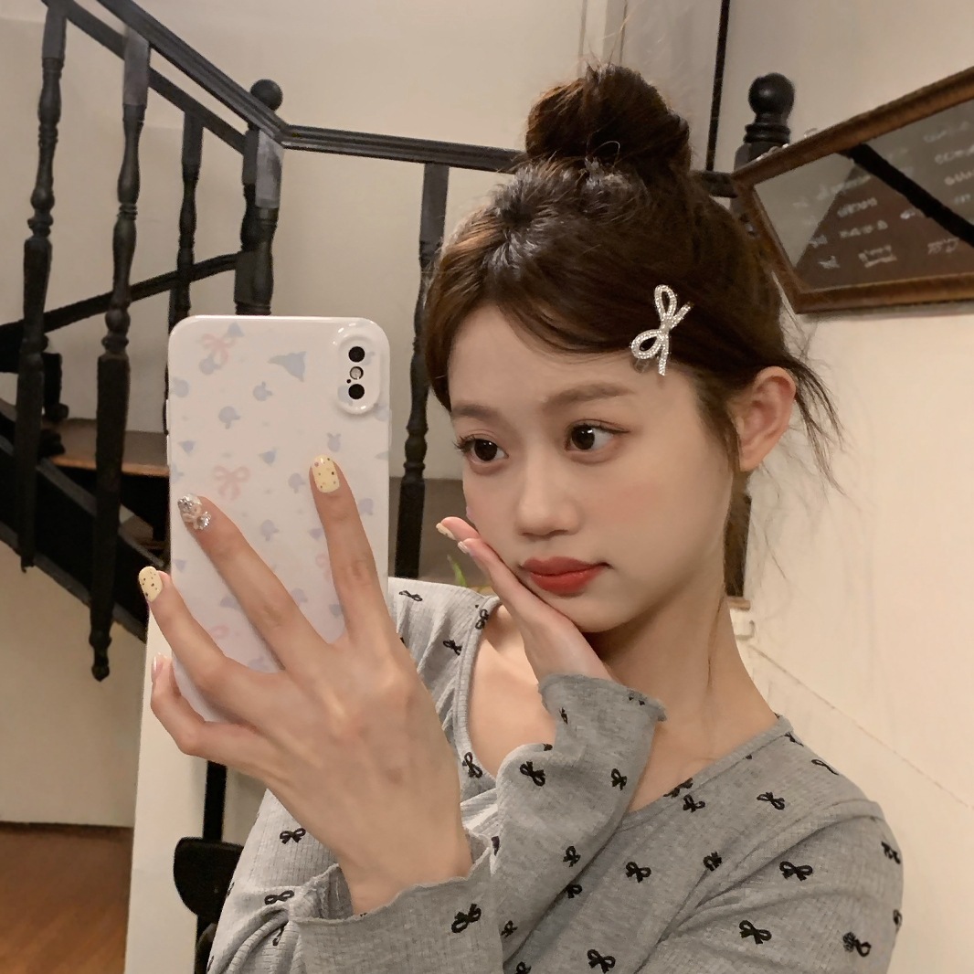 甜美少女蝴蝶结钻发夹银色水钻鸭嘴夹女高级感小碎发侧边闪钻发卡