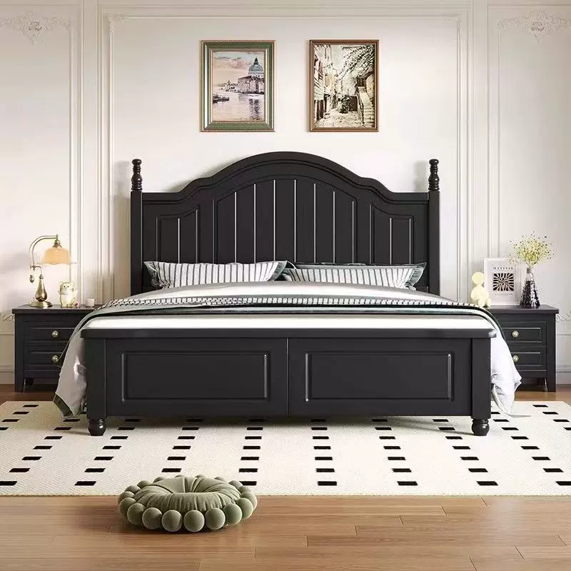 美式实木床黑色1.8双人床现代简约轻奢复古法式奶油风储物婚床