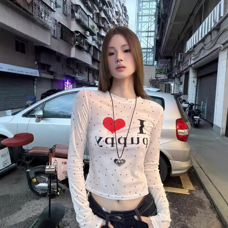 40 210g 95% cotton + 5% spandex back collar] slim slim polka dot printed long sleeve T-shirt women's base shirt