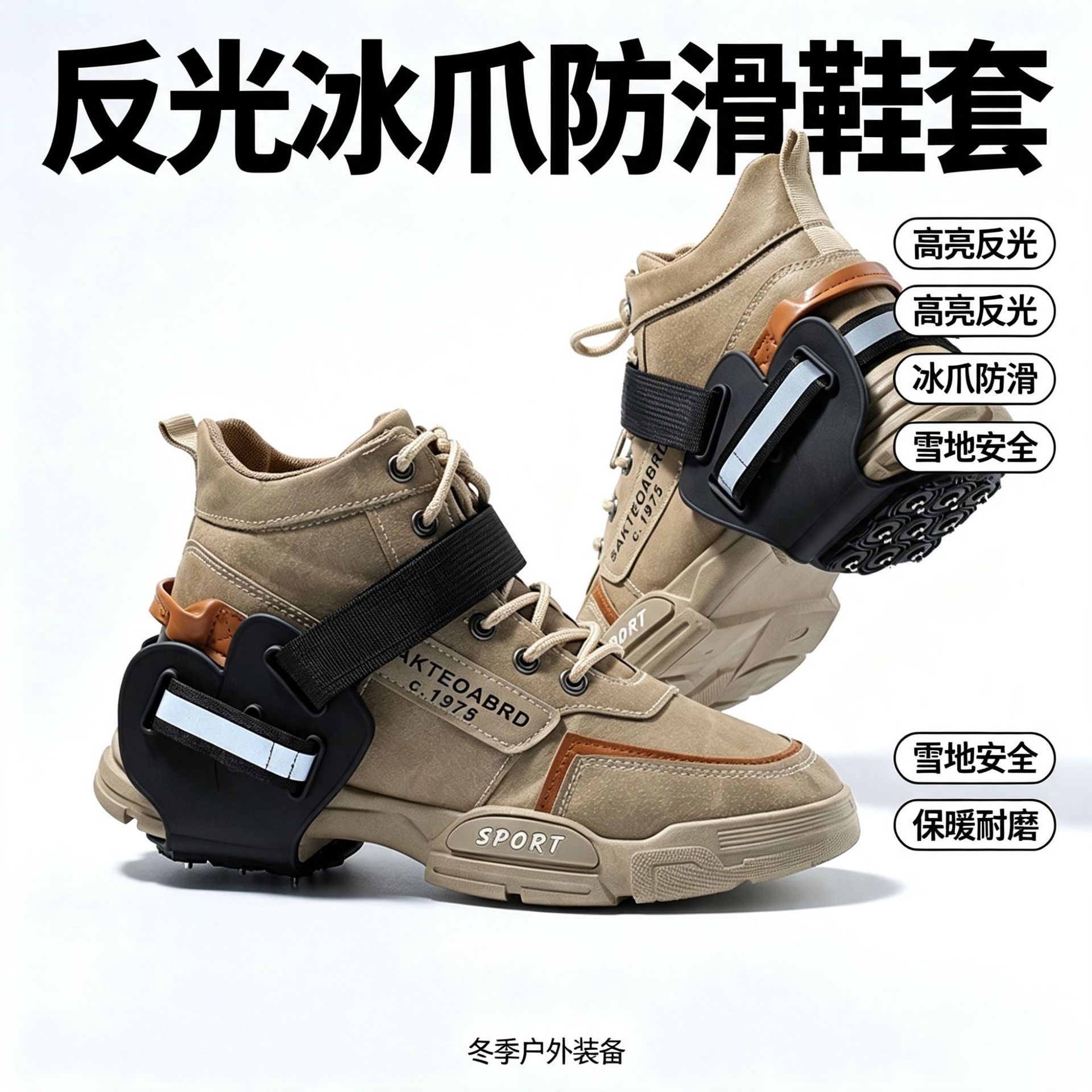 Outdoor crampons, hiking boot covers, snow winter shoes, snow cleats, anti-slip spikes, 9-pronged crampons on the heel.