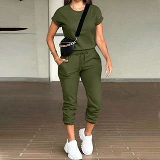 亚马逊跨境外贸时尚休闲女装热销款纯色圆领上衣和多口袋裤子套装