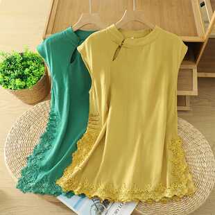 Real Shot of New Chinese Style Sleeveless Cotton and Linen Vest Summer New Fashion Versatile Lace Embroidered Button Top for Women