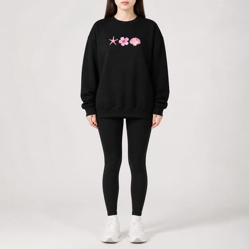 Black 300g cotton polyester blend sweatshirt with starfish, flower, and shell print, round neck, loose fit, casual style Black 300g cotton polyester blend sweatshirt with starfish, flower, and shell print, round neck, loose fit, casual style