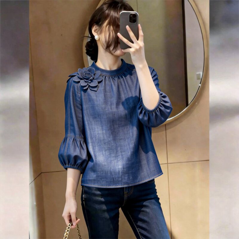 French-Style Elegant and High-End Round-Neck Tie-Up Denim Shirt for Women, Slimming for Petite Figures, Minimalist Style with Floral Decoration