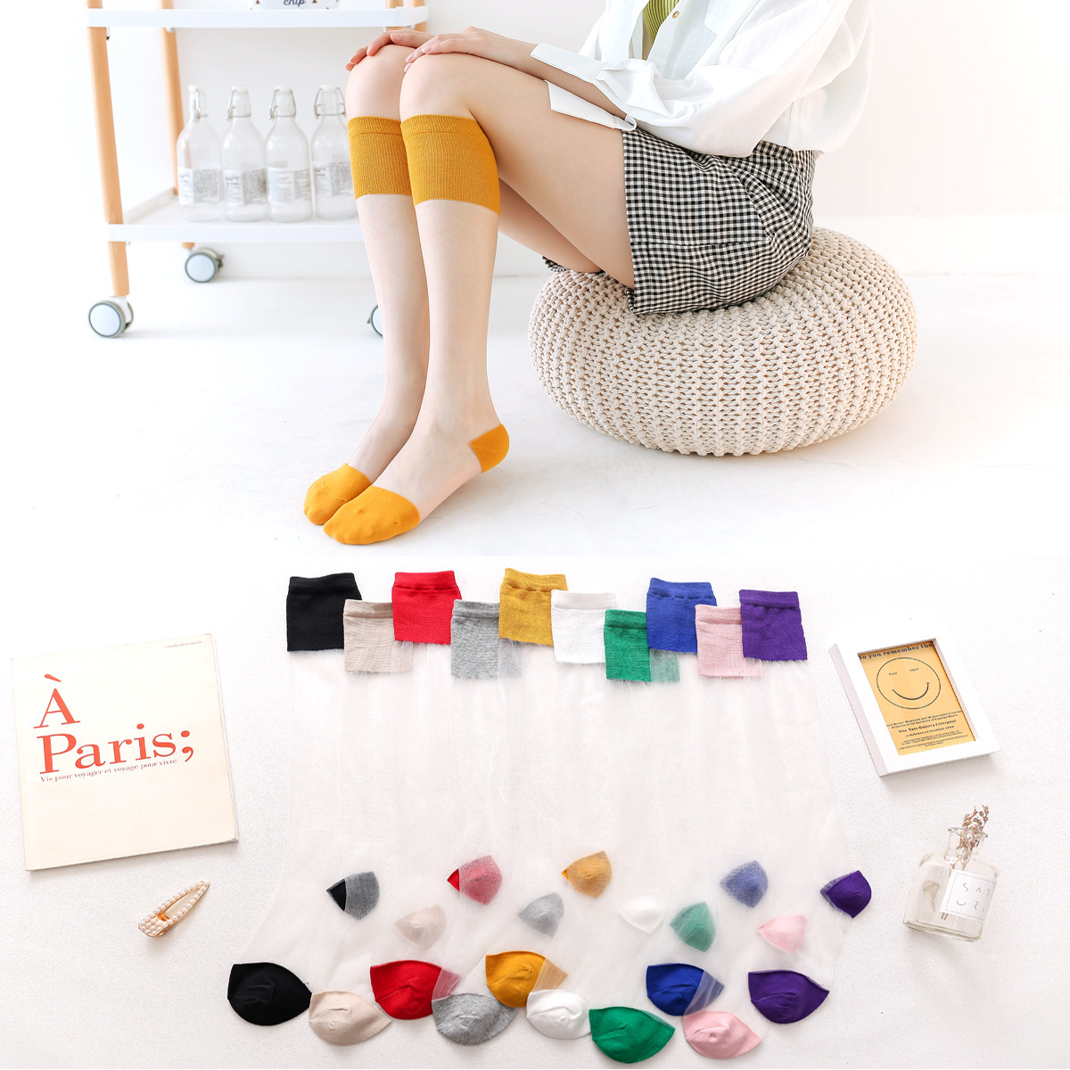 日系少女弹力丝小腿袜春夏薄款透气吸汗学生ins潮条纹中筒袜批发|ms