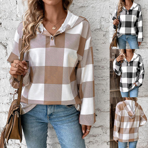 New Autumn/Winter Women's Fashionable Loose Casual Hoodie with Plaid Print and Button Closure, Long Sleeves – European and American Style