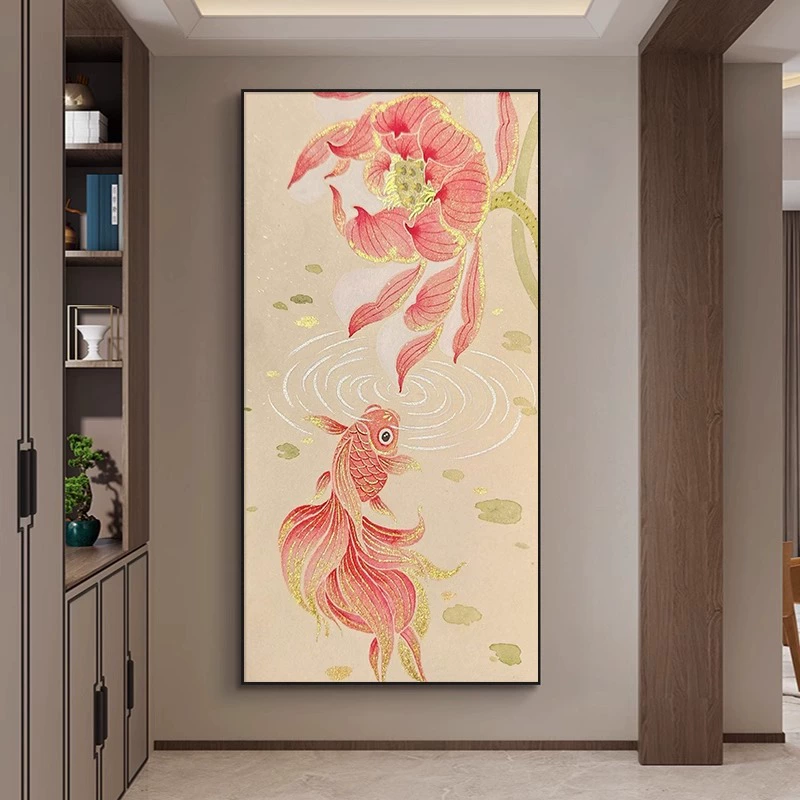Song Dynasty Aesthetic Hanging Painting Good Luck Koi Entrance Decoration Painting Song Style Creative Living Room Grand Ancient Style Hanging Painting